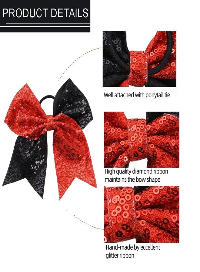 Hipcheer Large Sequin Glitter Cheer Hair Bows,Sparkly Bows Ponytail Holder Elastic Band for Cheerleading Teen Girls College Sports (Red Black) - Image 5